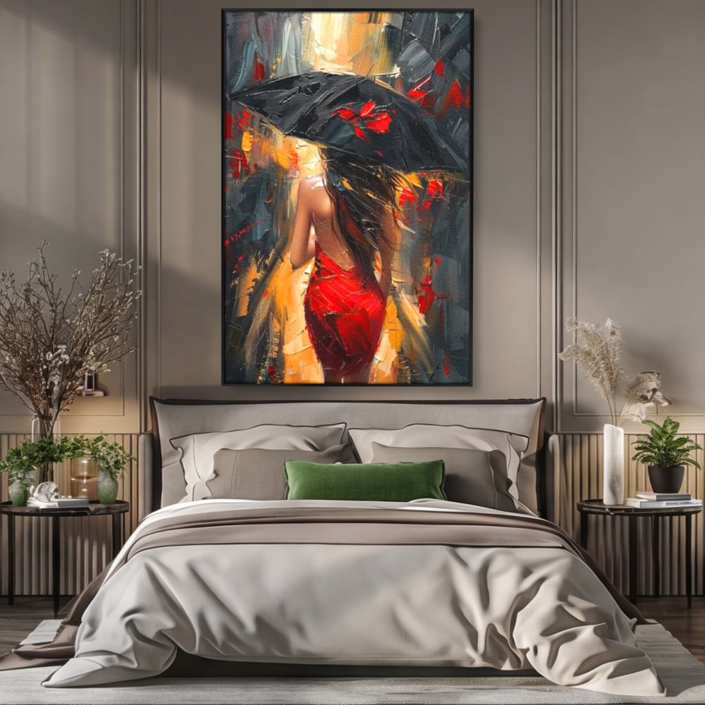 Tablou canvas cu pictura cu femeie si umbrela rosie, in rama de aluminiu negru, pe perete intr-un dormitor